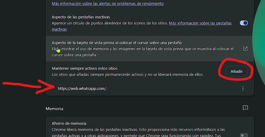 en la sección de mantener siempre sitios activos, añadir manualmente whatsapp web