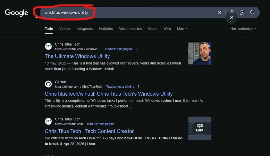 Buscar Cristitus Windos utility en Google