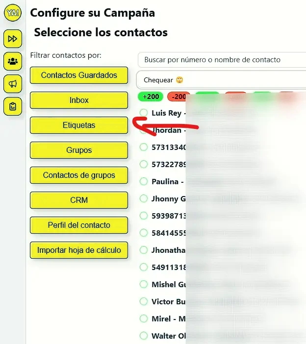 vista previa diferentes opciones del filtrado dentro de la campaña de mensajes