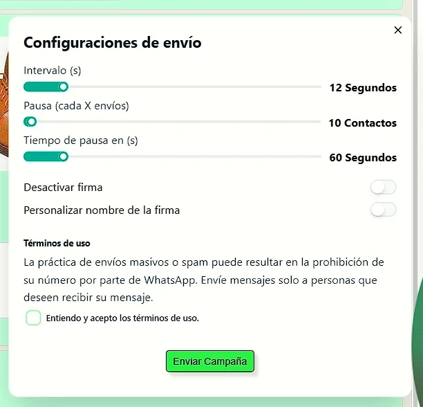 configurar tiempo de envío de las difusiones