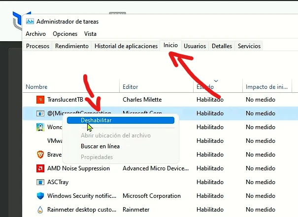 ir a la pestaña inicio, clic derecho sobre los programas habilitados y deshabilitados