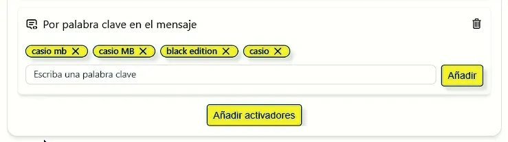 Vista previa de añadir activadores por palabras claves en los chatbots