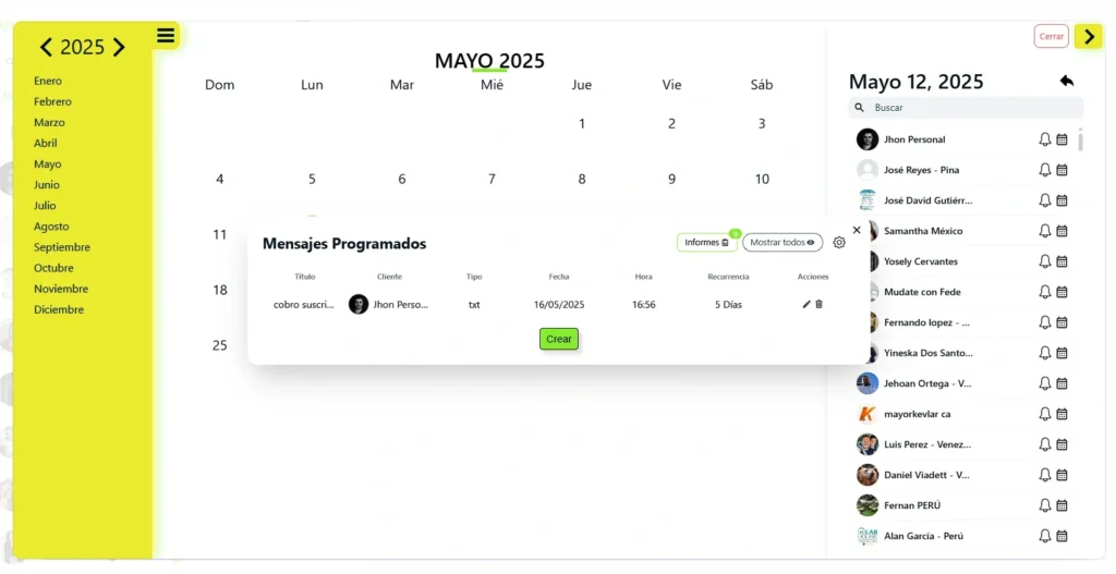 muestra de como se ve la interfaz de los mensajes programados