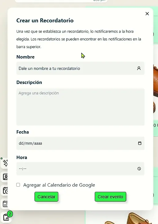 panel de crear recordatorios