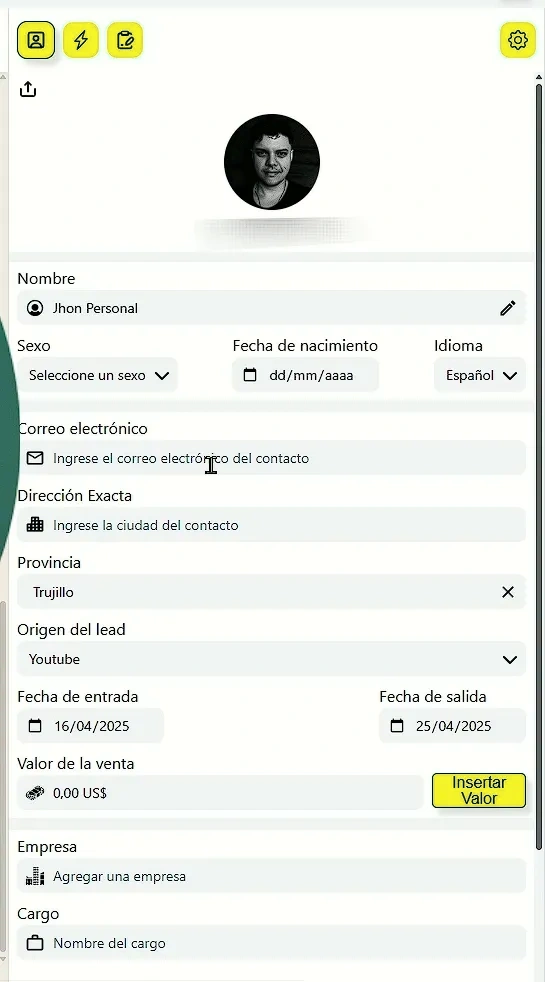Vista previa de la interfaz de perfil de contacto